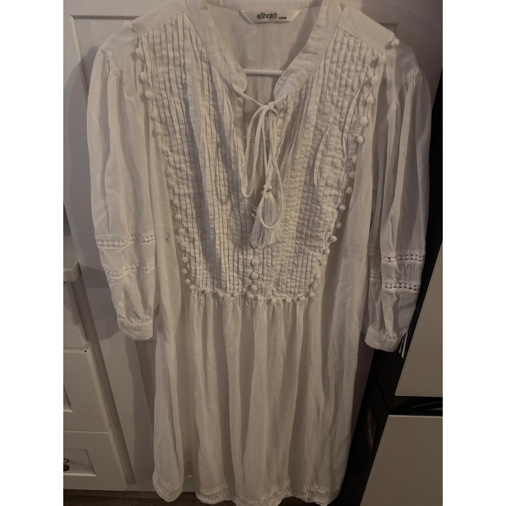eShakti White Cotton Pintuck Midi Dress Pom Pom Trim Tassel Tie Boho Womens M
